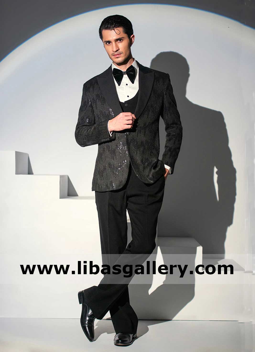 Black Embroidered Tuxedo 3 Piece Suit For Men